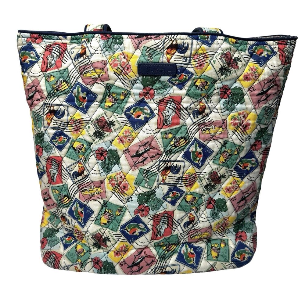 Vera Bradley “Cuban Stamps” Large Quilted Tote Shoulder Bag Multicolor Retired